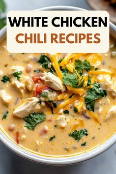 white chicken chili recipe in a bowl with cheese and cilantro on the side