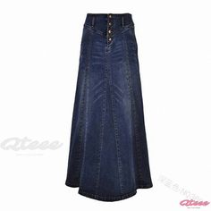 Qteee - High-Waisted Denim Skirt with Pockets, Loose Fit, Button Closure, and Knee-Length Design Burgundy Skirts, Long Skirt Winter, Denim Button Skirt, Long Jean Skirt, Vestidos Retro, Bauchfreies Top, High Waisted Denim Skirt, Long Denim Skirt, Striped Maxi Skirts