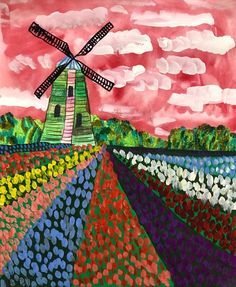 a painting of a windmill in the middle of a field