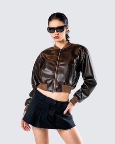 Take em’ for a joy ride in this brown washed leather jacket 😜 With a sleek yet edgy look, this chic bomber is constructed from vegan leather and is complete a ribbed neckband, sleeve cuffs, and hem and welt pockets on the front body for the perfect everyday jacket 🤎 Washed Leather Jacket, Everyday Jacket, Joy Ride, Cargo Pant, Edgy Look, Welt Pockets, Welt Pocket, Shoe Collection, Jumpsuit Dress