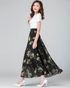 * A maxi chiffon skirt with beautiful prints.  * Fixed waist on front and elastic waist on back.  * A-line shape and wide hem, can make you look more taller and slimmer. * Made of pearl chiffon and fully lined. * Can custom make waist size and skirt length.  * Material: 100% polyester * Size:  True to US size, US 0-US 20 are available, you can let us know your usual size and height in your order. * Shipping: Free shipping Processing time : 5-7 Business days Delivery time : 7-20 Business days Tra Chiffon Maxi Skirt Pattern, Chic Floral Print Chiffon Skirt, Chic Chiffon Floral Print Skirt, Chic Chiffon Skirt With Floral Print, Summer Floral Print Wide Leg Maxi Skirt, Floral Print Chiffon Flared Skirt, Flowy Floral Print Maxi Bottoms, Spring Flowy Maxi Dress With Full Skirt, Elegant Floral Print Full Maxi Skirt