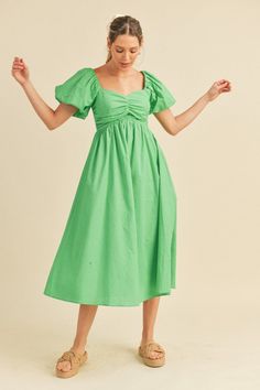 Apple Green Puff Sleeve Midi Dress – Aquarius Brand Spring Puff Sleeve Dress With Ruched Bodice, Brunch Puff Sleeve Dress With Sweetheart Neckline, Billowy Puff Sleeve Dress With Ruched Bodice, Spring Empire Waist Puff Sleeve Dress With Smocked Back, Spring Ruched Cotton Puff Sleeve Dress, Spring Ruched Puff Sleeve Cotton Dress, Spring Puff Sleeve Empire Waist Dress With Smocked Back, Spring Cotton Puff Sleeve Ruched Dress, Spring Cotton Puff Sleeve Dress With Ruched Details