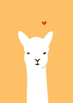 a white llama with a red heart on its forehead, against an orange background