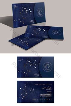 the inside and outside of an astro - themed wedding suite with blue paper, gold foil and