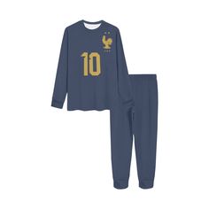 FOR MORE TEAM AND PLAYER OPTIONS CHECK: WWW.CRACKEDPAJAMAS.COM  **For more options visit www.crackedpajamas.com** More FIFA World Cup coziness to add to your kids pajama collection! This custom Kylian Mbappe gift is a great gift for a soccer boy or girl. Supersoft long john pajama set is crafted with polyester that's soft on skin with France's Kylian Mbappe name and number inspired by his France FIFA World Cup jersey from 2022. Soccer fan gear for your PSG Kids birthday, Soccer birthday or even Blue Letter Print Sleepwear For Loungewear, Blue Sports Sets With Letter Print, Blue Letter Print Sports Set, France Fifa, Soccer Team Gifts, Messi Fans, World Cup Jerseys, Long Johns Pajamas, Soccer Birthday