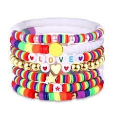 PRICES MAY VARY. 🌈Stacklable Colorful Heishi Bracelets Set--7pcs different style clay polymer beaded bracelet in a pack, including surfer Rainbow bracelet, clay bead bracelet, gold bead bracelet and so on. add LOVE letter and gold heart star charm elements, made your bracelet unique. Arm Candy Bracelets are a perfect addition to any wardrobe whether you wear them individually or design a stack. 🌈Show your pride with these heishi bead bracelets! Brightly colored beads are a perfect pop of color Pride Month Parade, Disc Bead Bracelet, Lgbtq Jewelry, Pride Bracelets, Bracelets Heishi, Bracelet Clay, Candy Bracelets, Arm Candy Bracelets, Heishi Bracelets