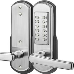 an electronic door handle with buttons and knobs on the outside of it, set against a white background