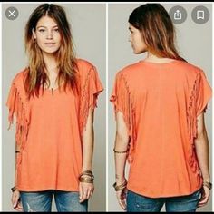 Brand New Never Work Orange Free People Fringe Shirt. Size M