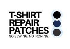 the t - shirt repair patches logo is shown in black, white and blue colors