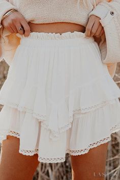 Lasaky - White Solid Color High Waist Crochet Ruffle Mini Skirt White Ruffle Skirt, White Solid Color, Rush Week, Summer Bottoms, Ruffle Hem Skirt, Crochet Ruffle, Summer Closet, Ruffle Mini Skirt, Concert Outfits