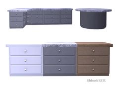 three different styles of dressers with marble top and bottom drawers, one in grey and the other in white