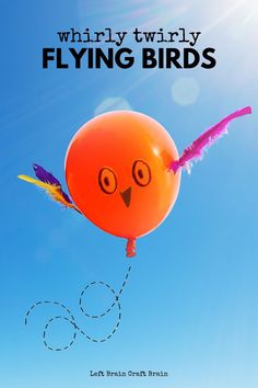 an orange balloon flying through the air with a bird on it's tail and words whirly twirly flying birds above