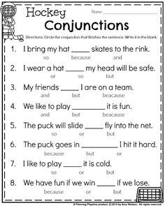 worksheet for the hockey conjunctions with words and pictures to help students practice their skills