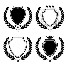 four black and white shields with laurels