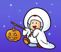 a cartoon character dressed as an angel with a pumpkin hanging from it's side