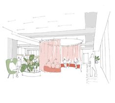 this is a drawing of a living room with pink curtains on the windows and green chairs