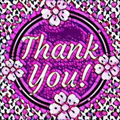 the words thank you are surrounded by hearts and flowers on a black, white, pink, and purple background