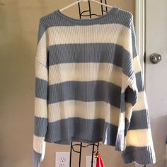 Brand New And It’s Fashionable Knitted Sweatshirt! Striped Ribbed Crew Neck Sweater, Cozy Striped Ribbed Tops, Striped Knit Sweater For Layering, Striped Knit Sweater With Crew Neck, Cozy Fit Textured Knit Cotton Tops, Striped Long Sleeve Soft Knit Sweater, Oversized Striped Soft Knit Top, Casual Striped Knitted Sweater, Casual Ribbed Cropped Sweater With Crew Neck