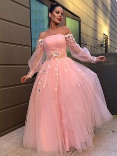 Neckline: Off-the-ShoulderSilhouette: Ball GownBuilt-in Bra: YesSleeve: Long SleevesWaist: NaturalBack Style: Lace UpHemline/Train: Floor-Length Off-shoulder Tulle Evening Dress For Spring, Spring Off-shoulder Tulle Evening Dress, Pink Off-shoulder Evening Dress For Debutante Ball, Off-shoulder Pink Gown For Banquet, Off-shoulder Evening Gown For Spring, Pink Off-shoulder Gown For Banquet, Pink Off-shoulder Gown For Spring, Flower Gown, Flower Tulle