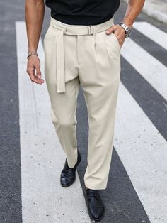 Men's Solid Color Pleated Wide Leg Daily Commute Suit Pants With Pockets Beige    Woven Fabric Plain  Slight Stretch All Men Clothing, size features are:Bust: ,Length: ,Sleeve Length: Light Beige Pants Outfit Men, Summer Business Dress Pants With Pockets, Beige Pants Outfit, Beige Pants Men, Beige Hose, Pants Outfit Men, Beige Pants, Suit Pants, Suit Separates