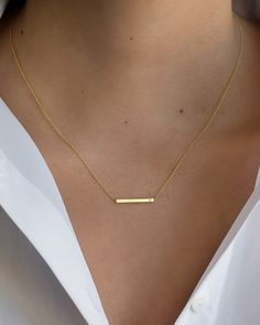 "14K solid gold Bar necklace with a tiny diamond , comes in the gold color of your choice, and length of your choice, dainty and absolutely amazing! The perfect everyday necklace, by itself or layered. made in L.A. Size: Approx. 1\" Diamond: 0.01 ct wt  Ships in 5 to 7 business days Comes gift ready in our beautiful branded jewelry box." Simple Bar Necklace With Delicate Chain, Minimalist Layering Bar Necklace, Simple Everyday Bar Necklace With Delicate Chain, Minimalist Bar Necklace With Delicate Chain For Layering, 14k Gold Bar Necklace With Delicate Chain, Minimalist Necklace With Rectangular Pendant And Delicate Chain, Elegant Everyday Bar Necklace With Delicate Chain, Elegant Delicate Chain Bar Necklace For Everyday, Minimalist Everyday Bar Necklace With Delicate Chain