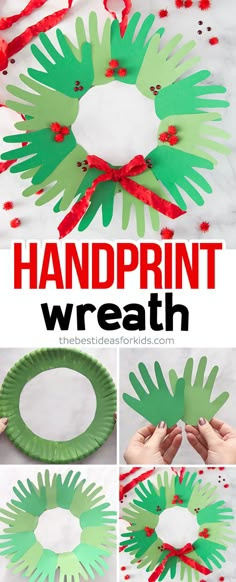 handprint wreath made out of paper plates with red and green streamers on it