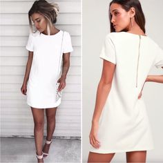 New With Tags Chest-17” Length-31.5” White A-line Dress With Back Zipper, White Dress With Back Zipper For Date Night, White Mini Dress With Back Zipper For Night Out, Chic White Mini Dress With Back Zipper, Chic White Dress With Back Zipper, Summer Short Sleeve Dress With Side Zipper, White Shift Knee-length Mini Dress, Knee-length Shift White Mini Dress, White Shift Mini Dress Knee-length