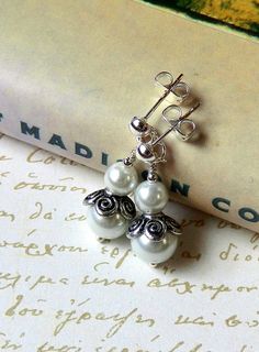 Romantic White Pearl Earrings Classic Glass Pearl by MsBsDesigns, $18.00 Vintage Nickel-free Pearl Earrings For Wedding, Ornate White Pearl Drop Earrings, Ornate White Bridal Earrings As Gift, Vintage White Pearl Drop Earrings, Ornate White Earrings For Wedding, Ornate White Wedding Earrings, Vintage White Dangle Pearl Earrings, White Victorian Pearl Drop Earrings, Vintage Pearl Drop Bridal Earrings As Gift