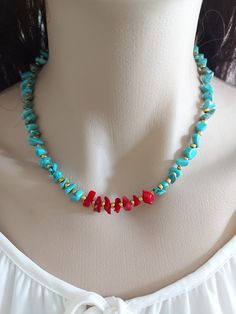 Beaded necklace is an excellent and elegant gift for your lovelies. Choker necklace is made of red coral and turquoise bead and gold plated apparatus. You can wear the turquoise necklace to a wedding party and look very special. Turquoise choker necklace is a nice Christmas gift, Valentine's Day gift, wedding gift, birthday gift, bridesmaid gift and other special day gift for her. Your summer jewelry will be put in a nice tule sachet. Handmade Elegant Turquoise Choker, Elegant Handmade Turquoise Choker, Beaded Turquoise Choker For Gift, Gift Turquoise Beaded Choker, Turquoise Beaded Choker For Gift, Elegant Handmade Adjustable Turquoise Necklace, Gemstone Beaded Choker Necklace For Gifts, Gemstone Beaded Choker Necklace As Gift, Gift Red Coral Gemstone Beads Necklace