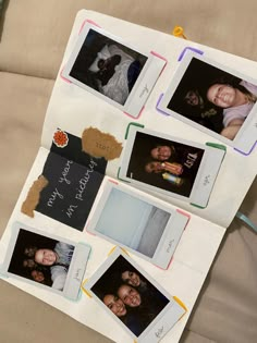 several polaroid pictures are arranged on a sheet of paper