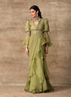 Ridhi Mehra-Apple Green Blouse With Attached Belt & Saree-INDIASPOPUP.COM Western Blouse Designs, Ridhi Mehra, Saree With Belt, Ruffle Saree, Gaun Fashion, Saree Designs Party Wear, Indian Gowns Dresses, Designer Saree Blouse Patterns, Saree Trends