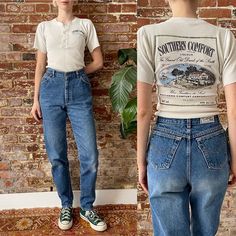 "Vintage 1980s 1990s Levi's 525 white tab jeans - High waisted, tapered ankle - Soft cotton denim, NON-stretch - Good vintage condition with some wear - Fading across bum & knees, area bleach dots on knee, small dark mark middle left thigh - pictured - Fits big on model, held tight at waist in some photos - Fits best size Medium, 28-29\" waist  Tag: Levi's 100% Cotton Made in USA 11 (vintage size, check measurements)  Measurements are done with garment laying flat and are not doubled. Please ref Vintage Relaxed Fit Jeans For Everyday, High Rise Vintage Bottoms For Everyday, Vintage Relaxed Fit Bottoms For Everyday, Everyday Vintage Cotton Jeans, Vintage Cotton Jeans For Everyday, Levi 501s, Lovely Tops, Lower Leg, Tapered Jeans