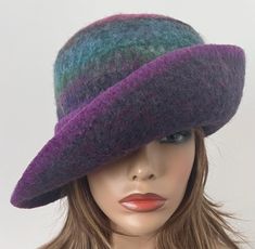 Purple Felted Wool Cloche Hat with 3.5" Wide Brim, Winter Warm Hat for Women Handmade in your size Multicolor Winter Cloche Hat With Short Brim, Multicolor Winter Cloche Hat With Curved Brim, Multicolor Curved Brim Cloche Hat For Winter, Adjustable Wide Brim Purple Fedora, Multicolor Wide Brim Cloche Hat For Winter, Adjustable Purple Brimmed Fedora, Adjustable Purple Fedora With Short Brim, Adjustable Purple Fedora Hat, Wide Brim Purple Winter Hat