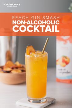 peach gin smash non - alcoholic cocktail in a tall glass with a straw garnish