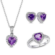 Give her a sweet surprise with this vintage-inspired gemstone heart pendant, stud earrings and ring set. Crafted in sterling silver, the pendant showcases a 7.0mm heart-shaped bright purple amethyst wrapped in a frame of shimmering white topaz. This pendant suspends from a topaz-touched milgrain-lined bail along an 18.0-inch forzatina cable chain that secures with a spring-ring clasp. A chic addition, the stud earrings each feature a similar design with a 6.0mm heart-shaped amethyst. These post Valentine's Day Diamond Accented Jewelry Gift, Valentine's Day Gift Jewelry With Diamond Accents, Fine Jewelry Gemstone For Valentine's Day, Fine Gemstone Jewelry For Valentine's Day, Formal Heart-shaped Jewelry With Prong Setting, Valentine's Day Gift Cubic Zirconia Jewelry For Her, Formal Fine Jewelry With Heart Cut, Valentine's Day Cubic Zirconia Gemstone Jewelry, Mother's Day Cubic Zirconia Birthstone Jewelry