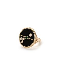 Compass Ring - Black Onyx/ Emerald – Retrouvai | Modern Heirlooms Vintage Onyx Ring Eragem, Onyx And Diamond Ring, Timeless Black Enamel Signet Ring, Luxury Oval Signet Ring With Black Enamel, Luxury Oval Black Enamel Signet Ring, Timeless Black Enamel Jewelry For Anniversary, Luxury Black Enamel Signet Ring, Fine Jewelry Black Enamel Round Ring, Fine Jewelry Black Enamel Ring