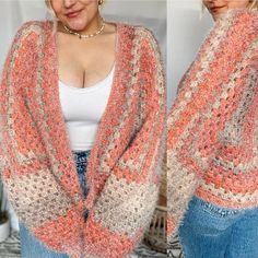 two pictures of a woman wearing an orange and white knitted cardigan with open sides