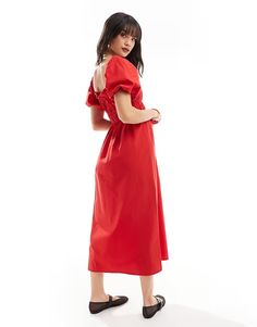 Nobody's Child Kurti midi dress in red | ASOS Knee-length Midi Dress With Gathered Sleeves For Day Out, Solid Color Midi Dress With Gathered Sleeves, Solid Midi Dress With Gathered Sleeves, Knee-length, Solid Knee-length Midi Dress With Gathered Sleeves, Red Casual Fitted Puff Sleeve Dress, V-neck Midi Dress With Gathered Sleeves For Day Out, Fitted Red Puff Sleeve Casual Dress, Casual Red Fitted Puff Sleeve Dress, Red Fitted Puff Sleeve Casual Dress