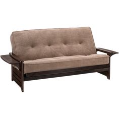 a brown futon couch sitting on top of a wooden frame