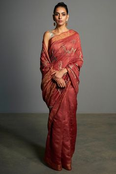 Saksham & Neharicka | Red Embroidered Tusser Silk Saree | INDIASPOPUP.COM Modern Saree, Red Saree, Hand Woven Textiles, Tussar Silk Saree, Indian Fashion Designers, Silk Sarees Online, Traditional Sarees, Sarees Online, Blouse Piece