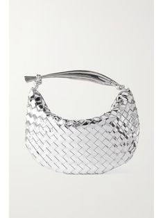 BOTTEGA VENETA Sardine small intrecciato metallic leather tote | NET-A-PORTER Silver Bottega Bag, Designer Bag With Silver-tone Hardware And Round Handle, High-end Silver Top Handle Shoulder Bag, High-end Silver Shoulder Bag For Shopping, Luxury Shoulder Bag With Silver-tone Hardware And Round Handle, Silver Shoulder Bag For Everyday Luxury, Silver Bags For Everyday Luxury, Luxury Silver Shoulder Bag With Handles, Designer Silver Shoulder Bag With Handles