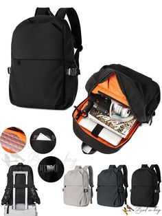 the back pack is packed with everything needed to go in it, including an orange and black backpack