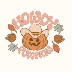 a pumpkin with a cowboy hat and leaves around it