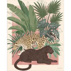 two leopards in the jungle on a pink background with palm leaves and monster like plants