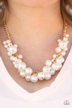 Glam Queen Gold Necklace - TheMasterCollection Pearl Cluster Necklace, Fringe Necklace, Pearl Cluster, Cluster Necklace, Natural Gold, Paparazzi Accessories, Necklace Earring Set, Matching Earrings, Pearl White