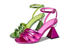 Circus by Sam Edelman Bobbie - Women's Shoes : Pink Wasabi Metallic : The Circus by Sam Edelman Bobbie heel is a striking shoe with plenty of flair. A minimalist upper draws the focus to the decorative heel, ready to make a statement on your next night out. Adjustable ankle strap with buckle fastening. Synthetic upper features a slingback strap, and three straps across the vamp. Synthetic lining and lightly padded insole provide comfort for continued wear. Open, rounded square toe with decorativ Statement Pink Heels, Pink Wasabi, Accessory Inspo, Rounded Square, Bridesmaid Accessories, Shoes Pink, The Circus, Pink Heels, Pink Shoes