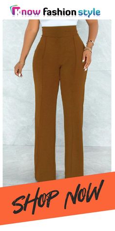 Khaki Fashion Casual Solid Basic Regular High Waist Trousers Brown Solid Color Work Pants, Elegant Khaki Bottoms Solid Color, Elegant Brown Solid Color Bottoms, Chic Brown Pants Solid Color, Chic Brown Solid Color Pants, Versatile Khaki High-waisted Pants, Fitted Khaki Wide-leg Dress Pants, Chic Non-stretch Brown Pants, Stretch Khaki High-waisted Pants