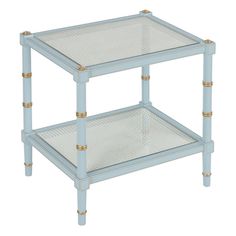 two tiered blue and gold metal side table with glass shelves on each shelf,