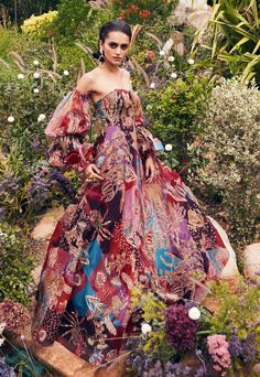 Aisha Rao | Plum Printed Embellished Gown | INDIASPOPUP.COM Jewel Tone Wedding Dress, Patchwork Gown, Aisha Rao, School Moodboard, Applique Patchwork, Strange Fashion, Shaman Woman, Cultural Beauty, Amazing Costumes