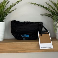 the north face messenger bag is sitting on a shelf next to two potted plants